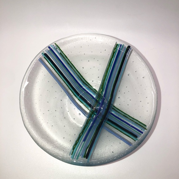 Studio Blown Art Glass Trinket Dish Bowl With Bubbles & Hand Painted Stripes 6” - Picture 3 of 8